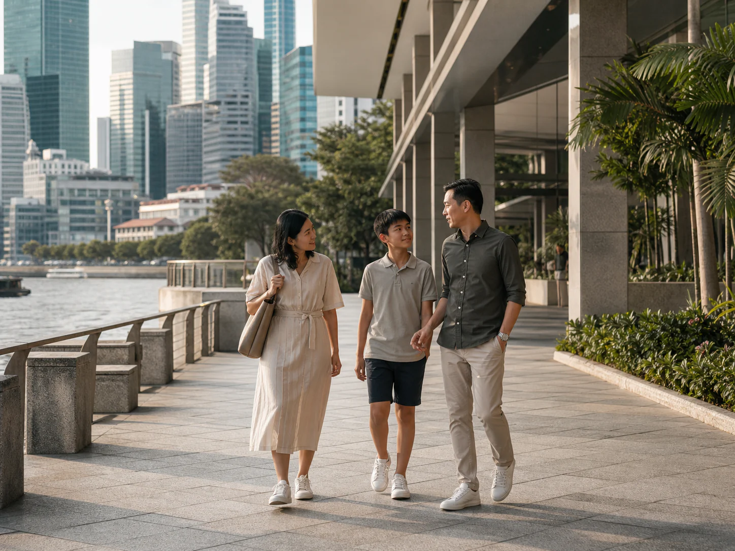 A family walking together beside Singapore's waterfront