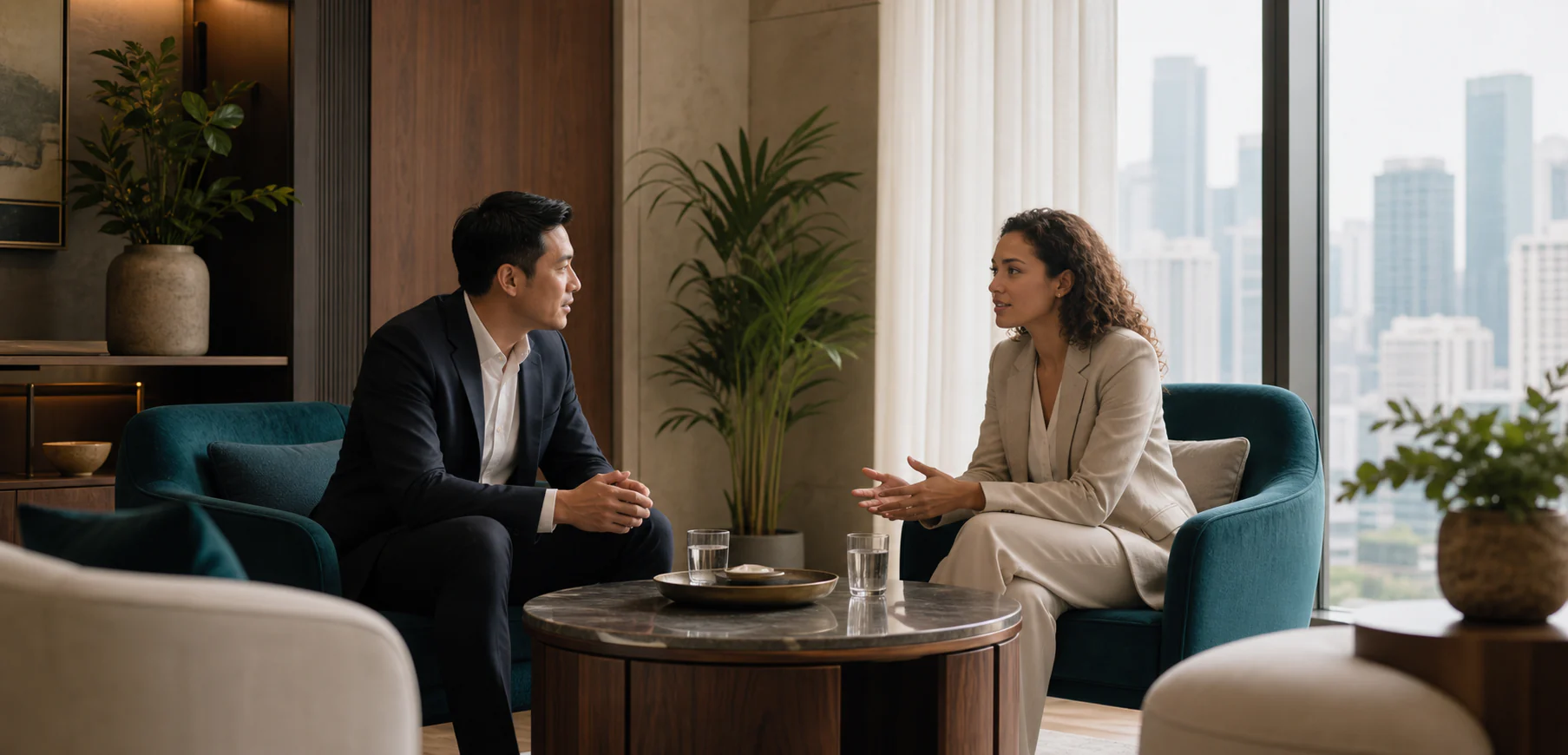 A private Maya advisory conversation in a calm contemporary setting
