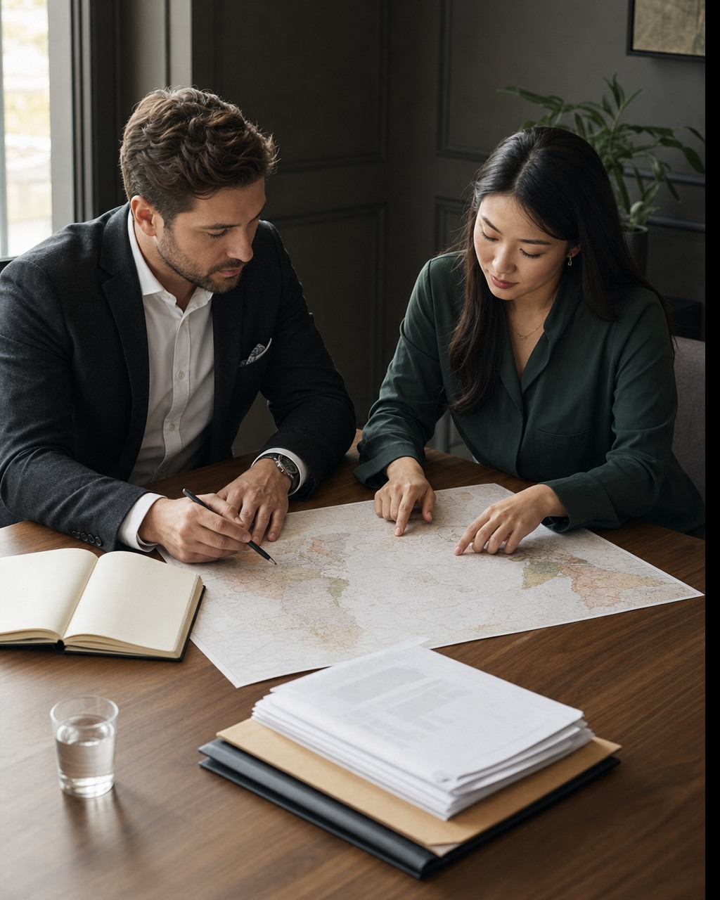 An adviser and client reviewing a global plan together