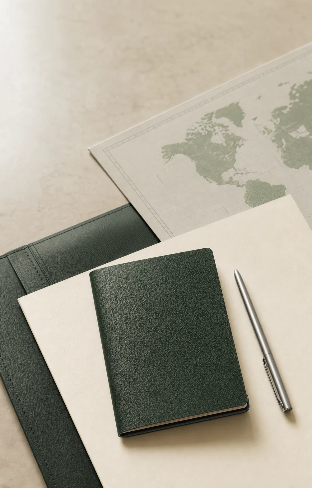 Residence planning documents, a world map and a pen