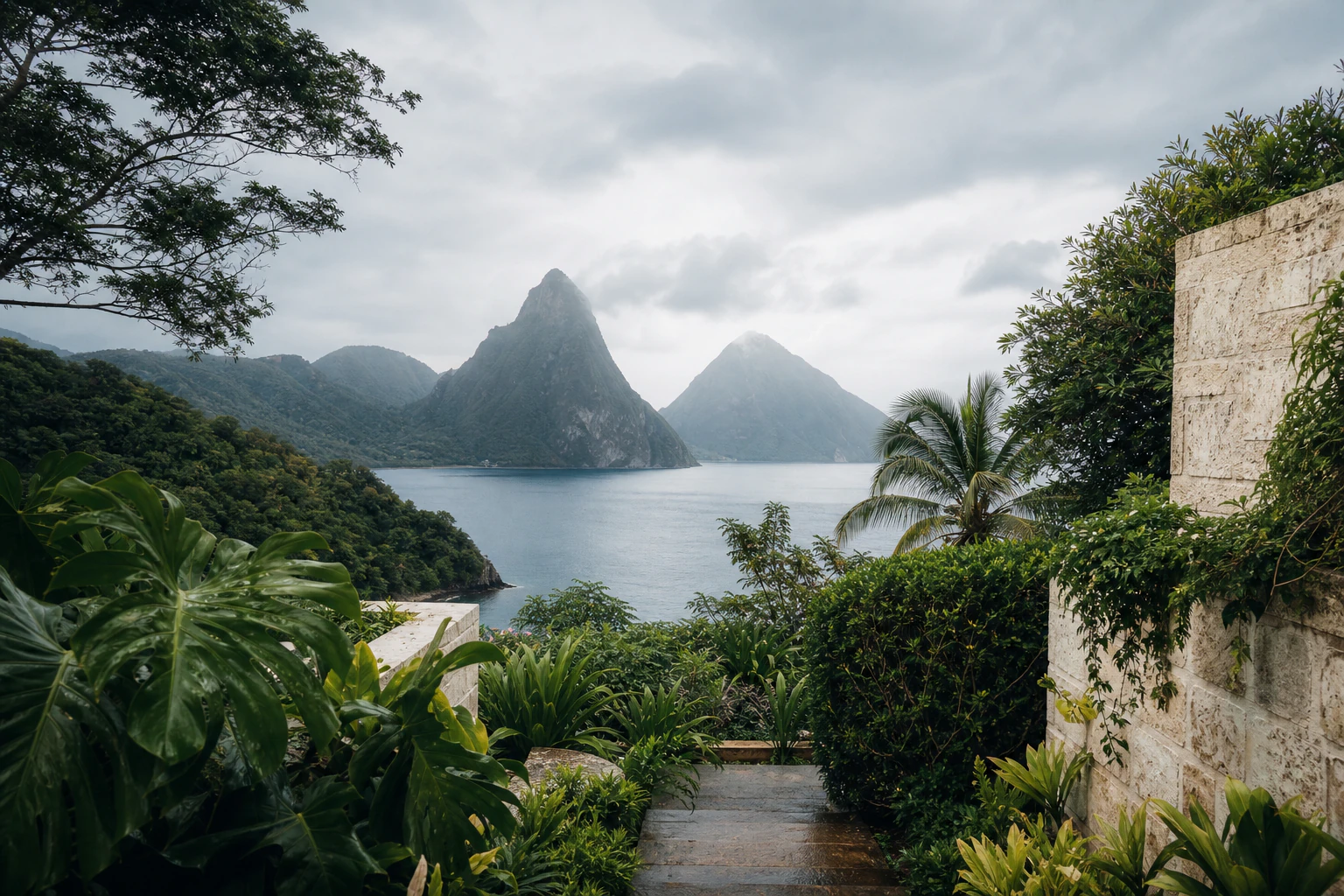 Saint Lucia-inspired tropical coast and mountain landscape