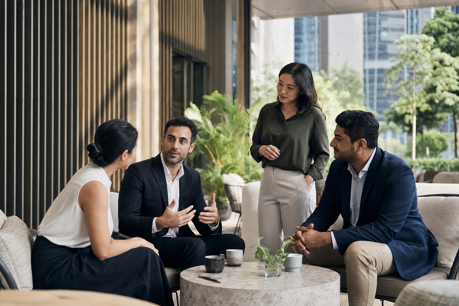 International clients in conversation with an advisory team